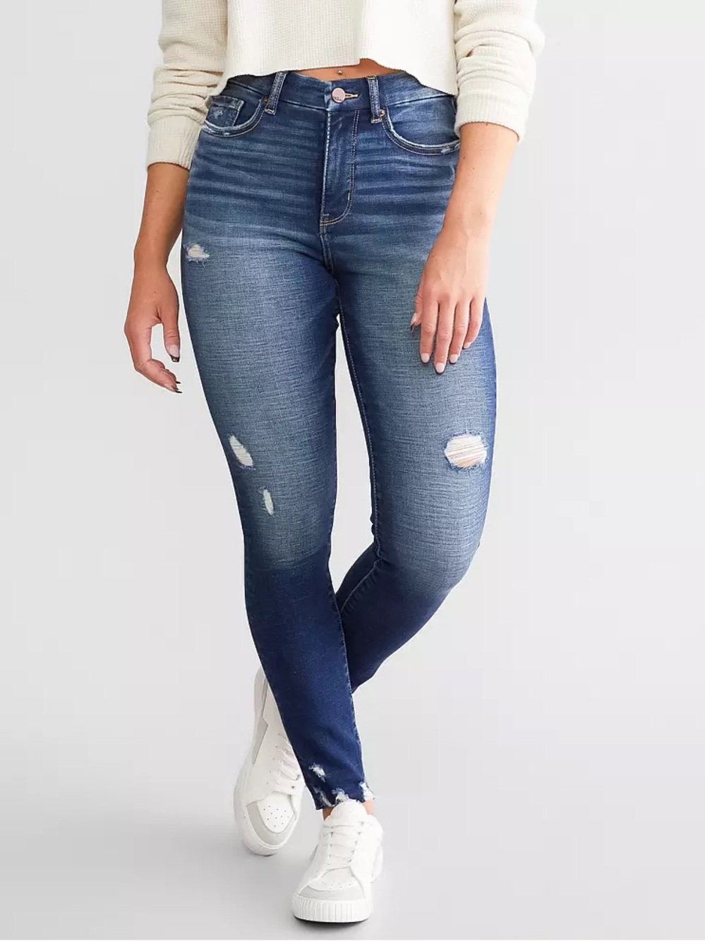 BKE Women's Dark Blue Distressed Skinny Jeans